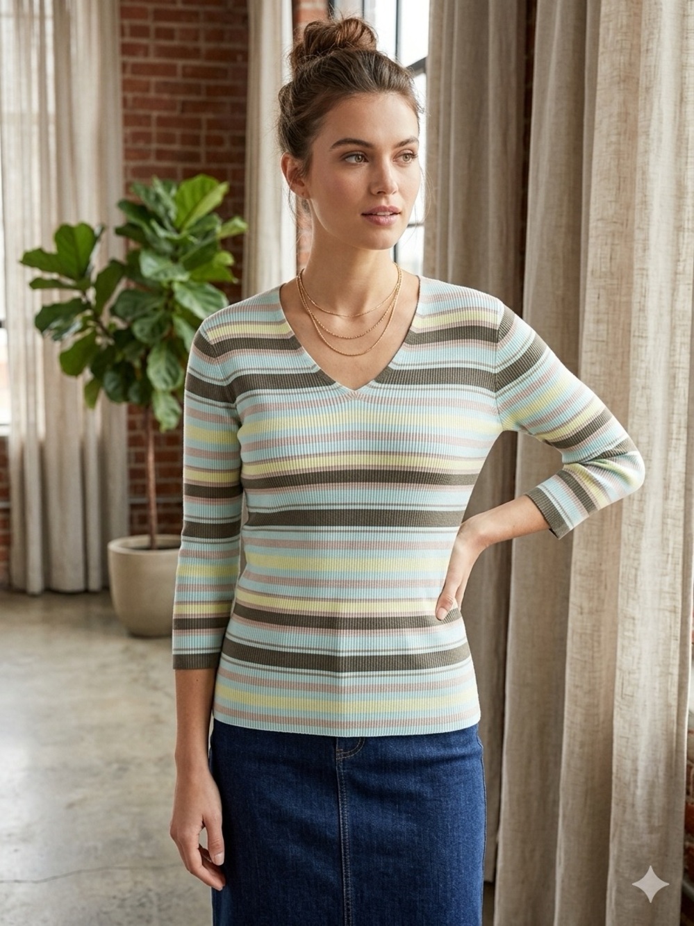 Eddie Bauer Pastel Striped V-Neck Sweater EUC Size L